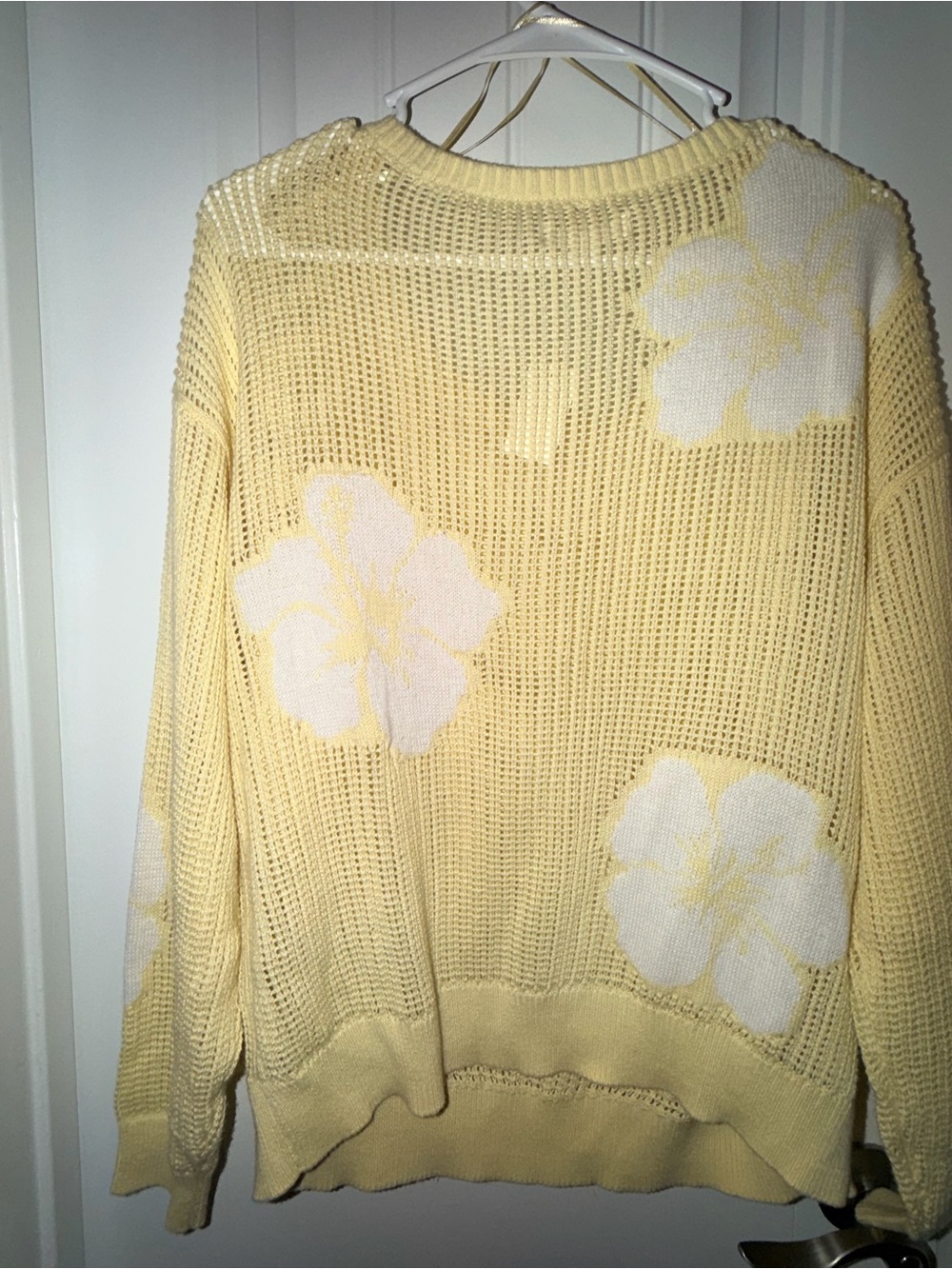 Aeropostale Pale Yellow Floral Open-Knit Crewneck Sweater